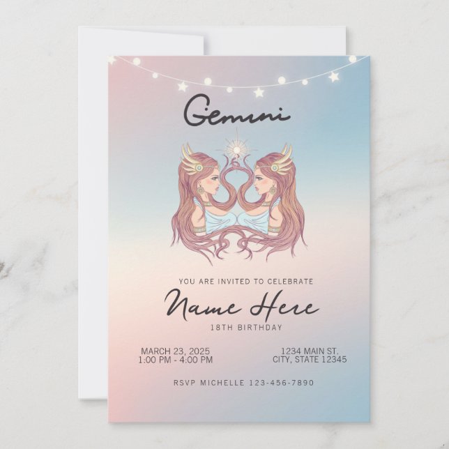 Gemini Zodiac Sign Geburtstag Einladung (Vorderseite)