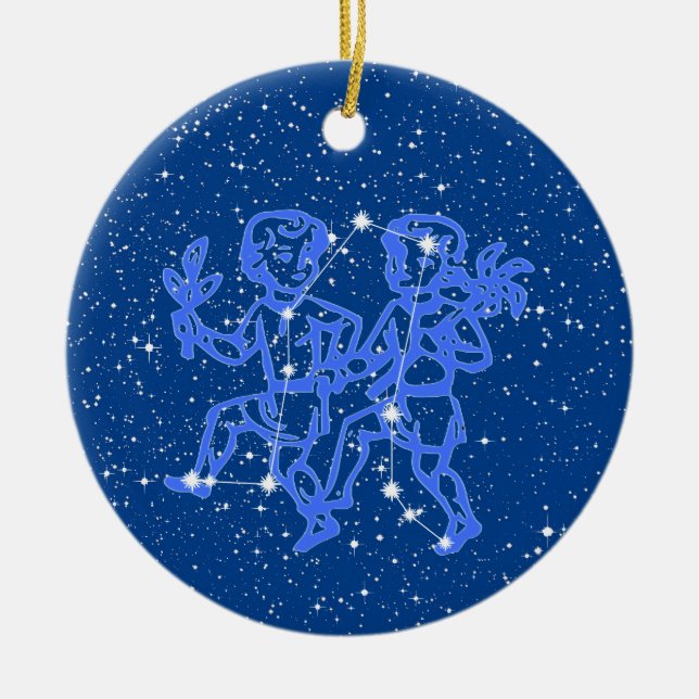 Gemini Zodiac Sign mit Stars auf Deep Blue Keramik Keramik Ornament (Vorne)
