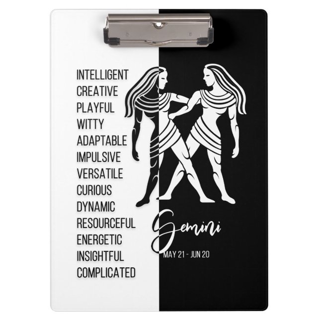 Gemini Zodiac Signature Black & White Clipboard Klemmbrett (Vorderseite)