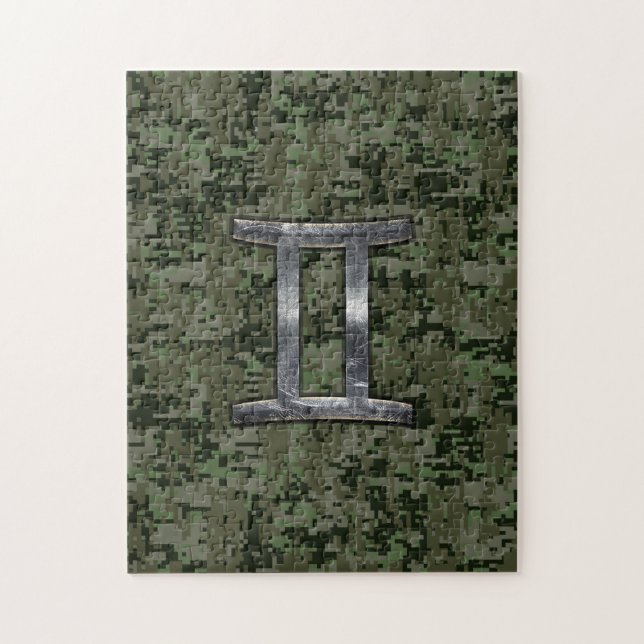 Gemini Zodiac signiert grüne digitale Camouflage Puzzle (Vertikal)