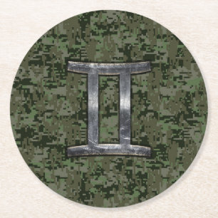 Gemini Zodiac signiert grüne digitale Camouflage Runder Pappuntersetzer