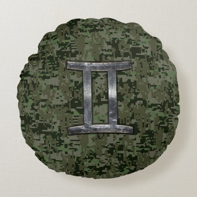 Gemini Zodiac signiert grüne digitale Camouflage Rundes Kissen (Vorderseite)