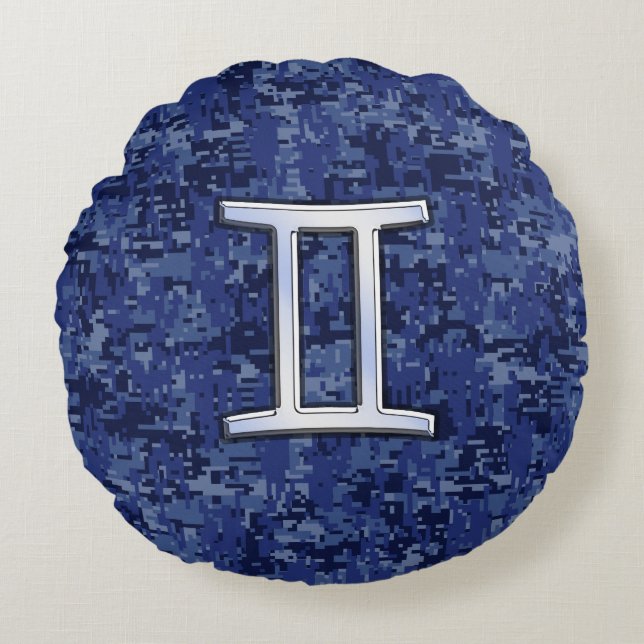 Gemini Zodiac-Signierung auf der Blue-Camouflage Rundes Kissen (Vorderseite)