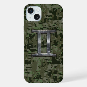 Gemini Zodiac Symbol auf grüner digitaler Camoufla iPhone 15 Plus Hülle