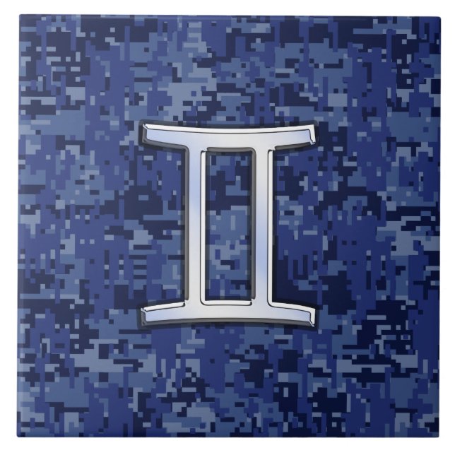 Gemini Zodiac Symbol Blue Digital Camouflage Fliese (Vorderseite)