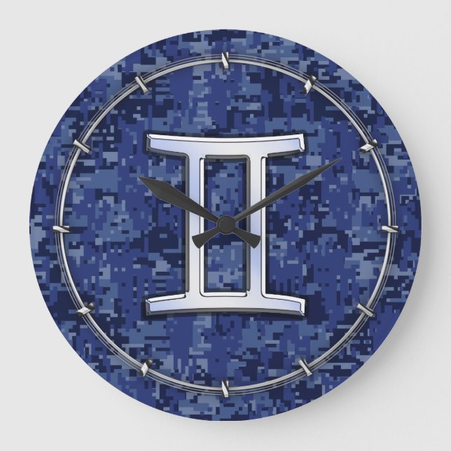 Gemini Zodiac Symbol Blue Digital Camouflage Große Wanduhr (Vorderseite)