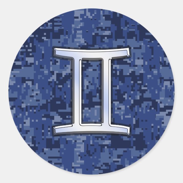 Gemini Zodiac Symbol Blue Digital Camouflage Runder Aufkleber (Vorderseite)