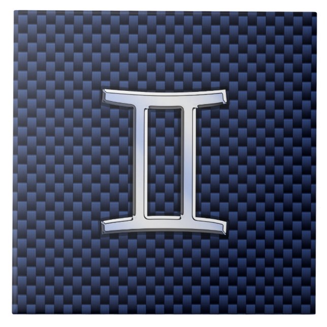 Gemini Zodiac Symbol Navy Blue Carbon Fiber Style Fliese (Vorderseite)