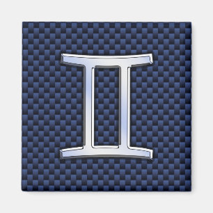 Gemini Zodiac Symbol Navy Blue Carbon Fibre Print Magnet
