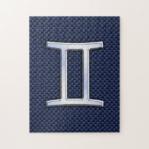 Gemini Zodiac Symbol Navy Blue Carbon Fibre Print Puzzle