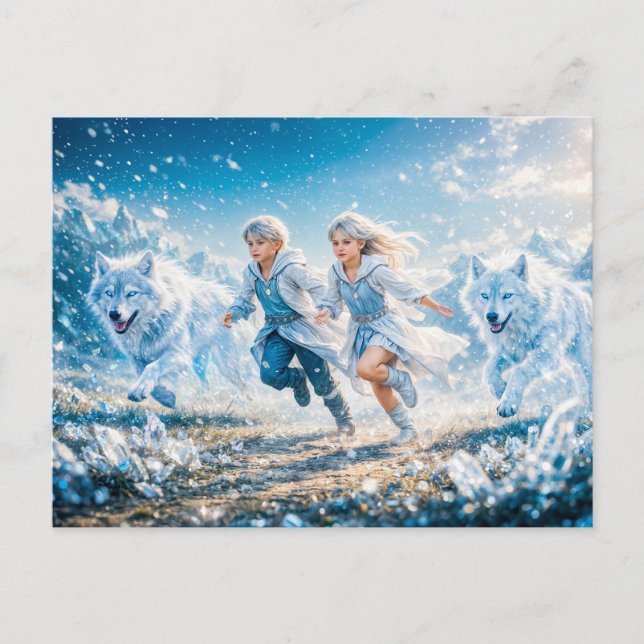 Gemini Zodiac with Twin Children and White Wolves Postkarte (Vorderseite)