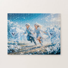 Gemini Zodiac with Twin Children and White Wolves Puzzle