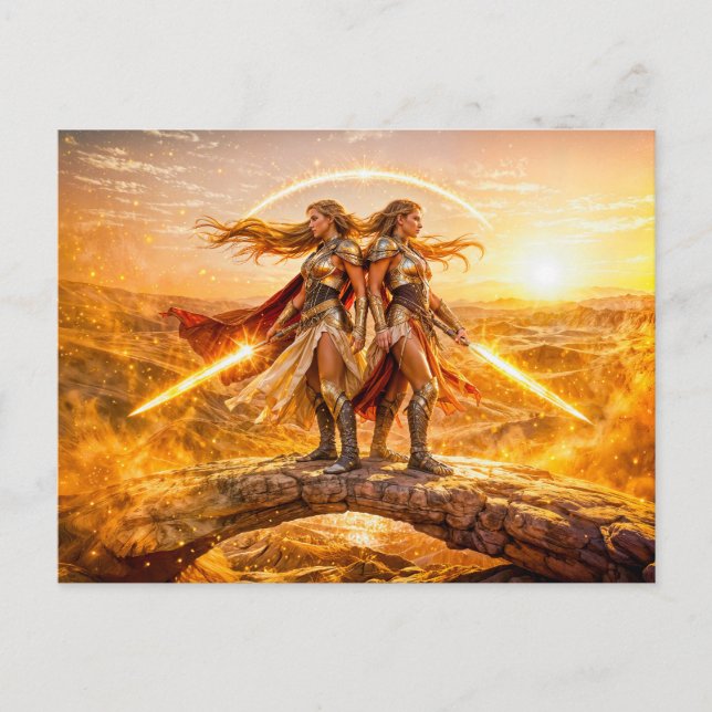 Gemini Zodiac with Twin Warrior Women and Glowing  Postkarte (Vorderseite)