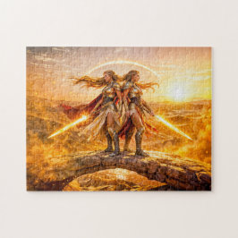 Gemini Zodiac with Twin Warrior Women and Glowing Puzzle