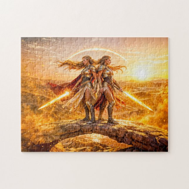 Gemini Zodiac with Twin Warrior Women and Glowing  Puzzle (Horizontal)