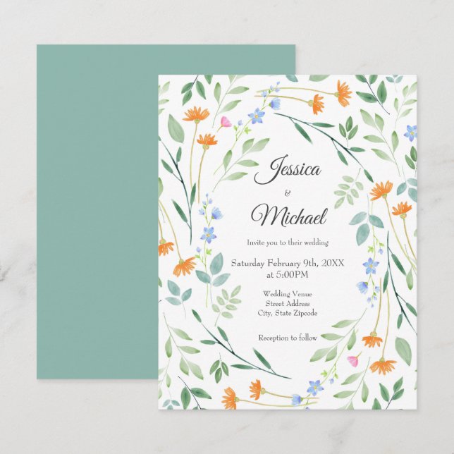 Gemischter Blumenrahmen mit Aquarellfarbe Einladung (Vorne/Hinten)