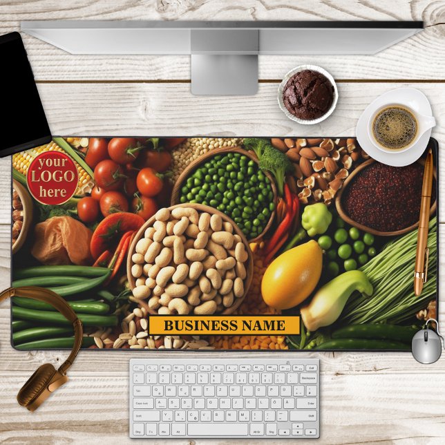 Gemüse Lebensmittel Bauern Schreibtischunterlage (Desk mat featuring an illustration of vegetables and nuts. With easily to replace logo template)