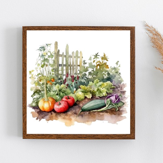 Gemüsegarten mit Zaun Poster (Watercolor Vegetable Garden Wall Art.)