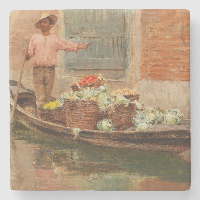 Gemüsehändler in Venedig (von Vincenzo Caprile) Steinuntersetzer (Vorderseite)