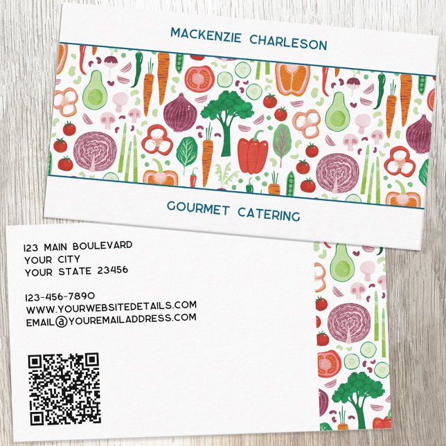Gemüsematerial Catering QR-Code Visitenkarte (Vegetable pattern QR code custom text business card for catering, nutritionist, vegan and vegetarian)