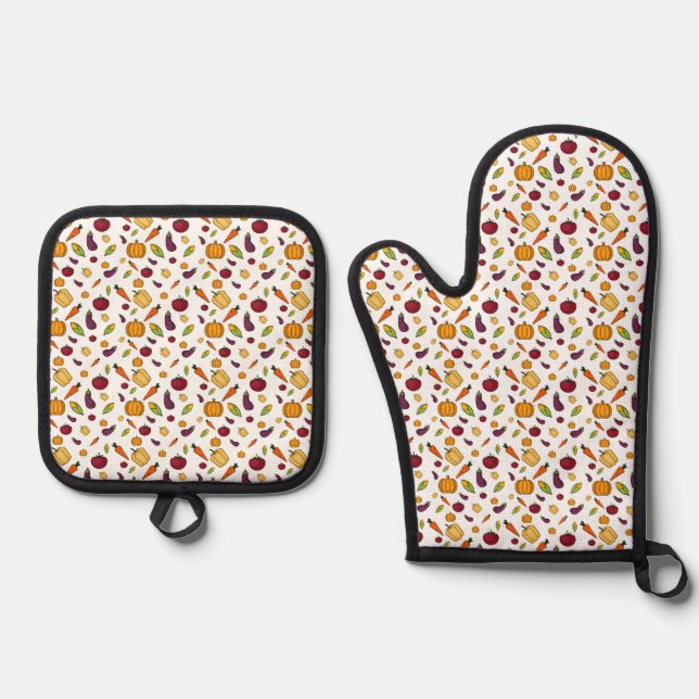 Gemüsemuster der Erntedank-Ernte Ofenhandschuh & Topflappen-Set (Vorderseite)