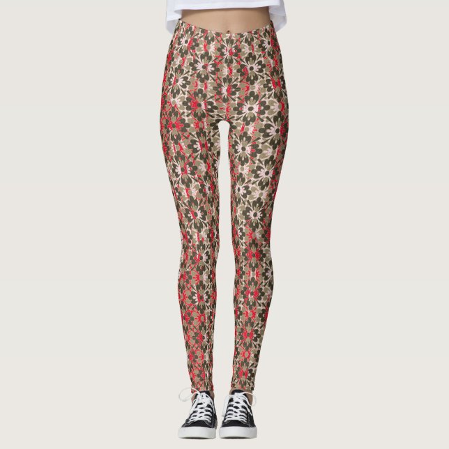 Gemusterte Blume in Grau, Rot und Schwarz Leggings (Vorderseite)