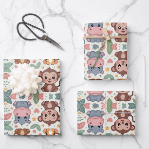 Gemusterte Gestaltung mit Cartoon-Tieren Geschenkpapier Set