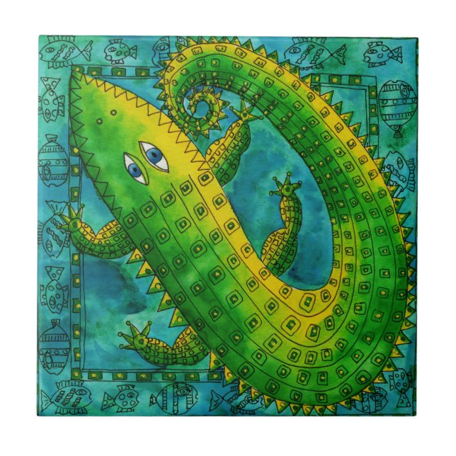 Gemusterte Krokodil-Aquarell-Illustration Fliese (Vorderseite)