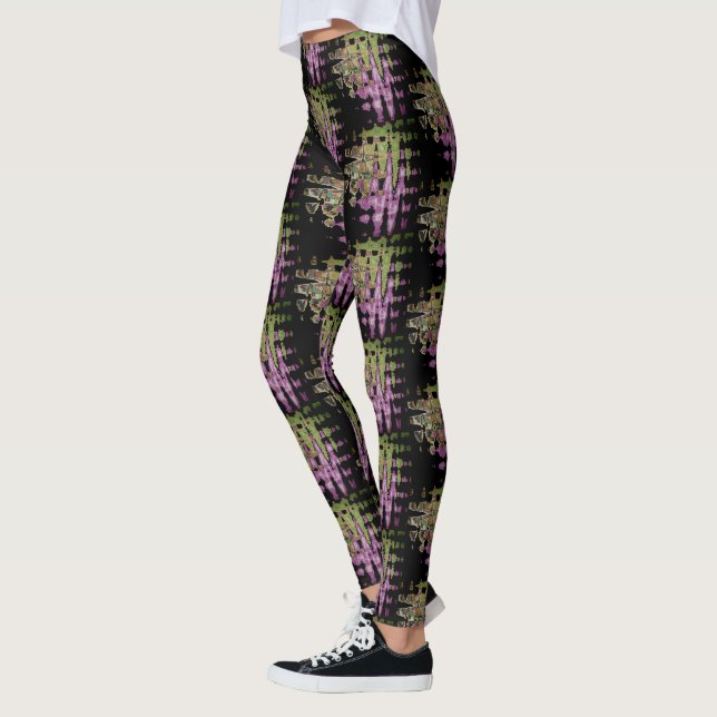 Gemusterte Lila Schwarz- und Grüntöne Leggings (Links)