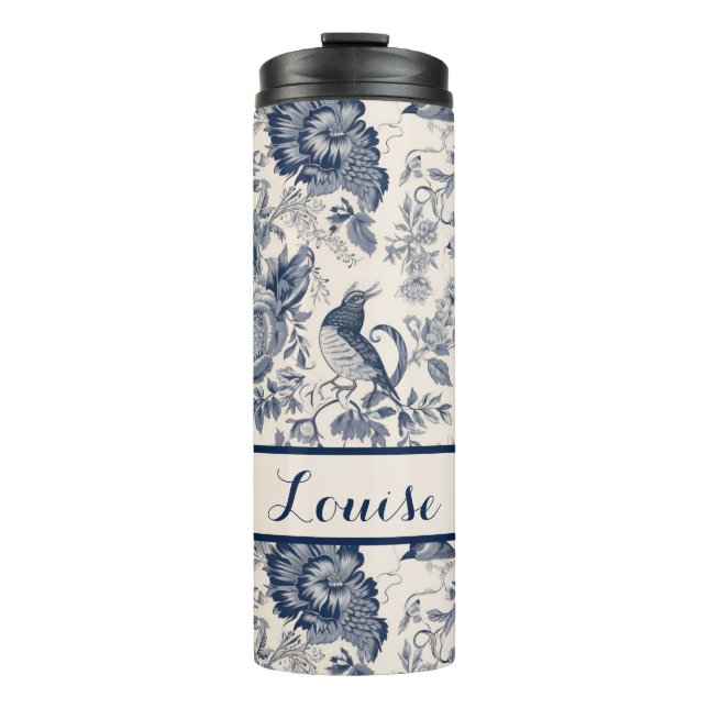 Gemusterte Navy und White Floral Toile Thermosbecher (Vorderseite)