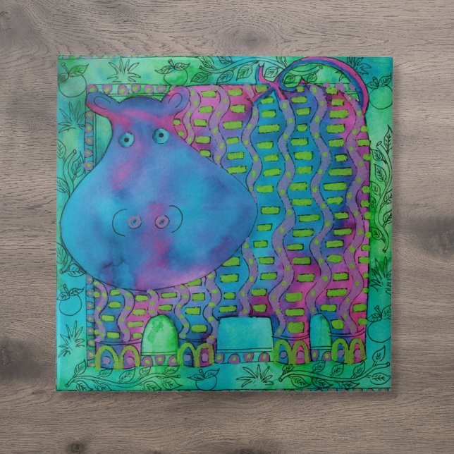 Gemusterte Nilpferd-Wasserfarben-Illustration Fliese (Patterned Hippo Watercolour Illustration Ceramic Tile)
