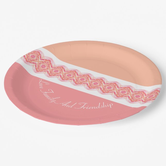 Gemusterte Papierplatte für Pfirsich und Rosa Desi Pappteller (Schrägansicht)