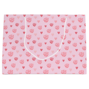 Gemusterte rosa Rose und Herz Große Geschenktüte
