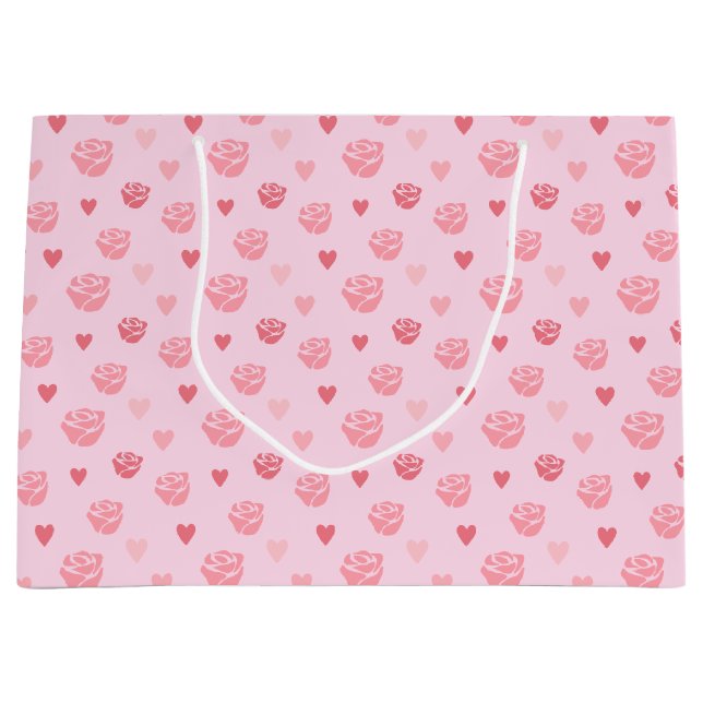Gemusterte rosa Rose und Herz Große Geschenktüte (Vorderseite)