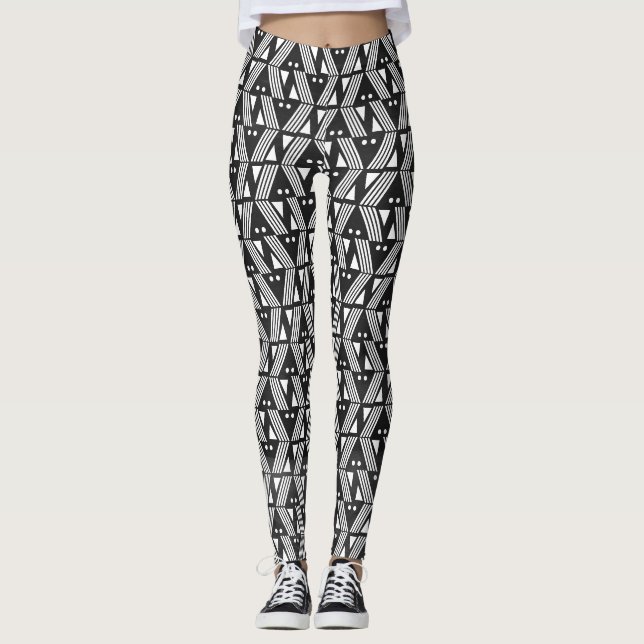 Gemusterte schwarze und weiße Bars und Punkte Leggings (Vorderseite)
