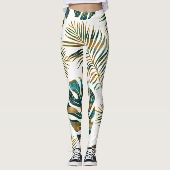 gemusterte tropische Blätter aquamarin und gold Leggings (Vorderseite)