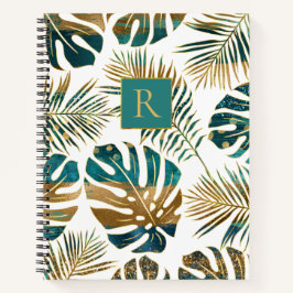 gemusterte tropische Blätter aquamarin und gold, m Notizbuch