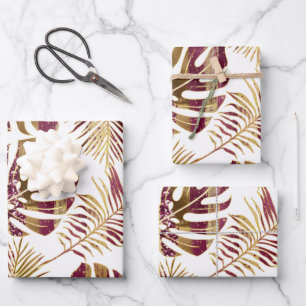 Gemusterte tropische Blätter Bordeaux und Gold