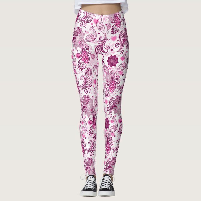 Gemusterter lila und rosa Bird Leggings (Vorderseite)