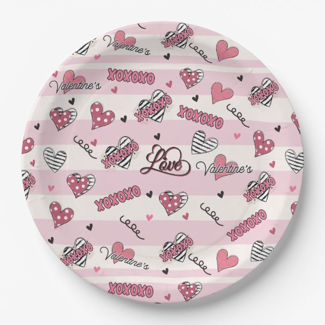 Gemusterter XOXO Valentinstag Pappteller (Vorderseite)