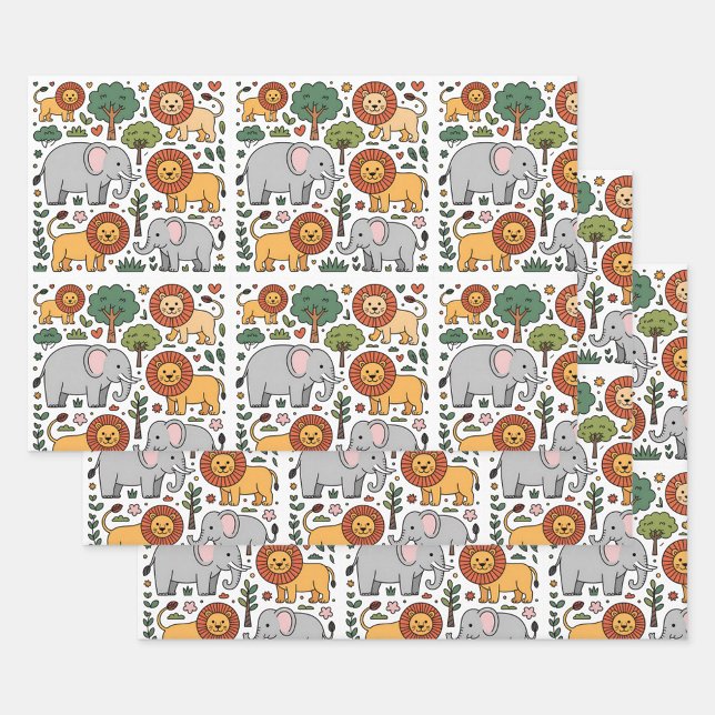Gemustertes Design mit Elefanten und Löwen. Geschenkpapier Set (Von Creator hochgeladen)