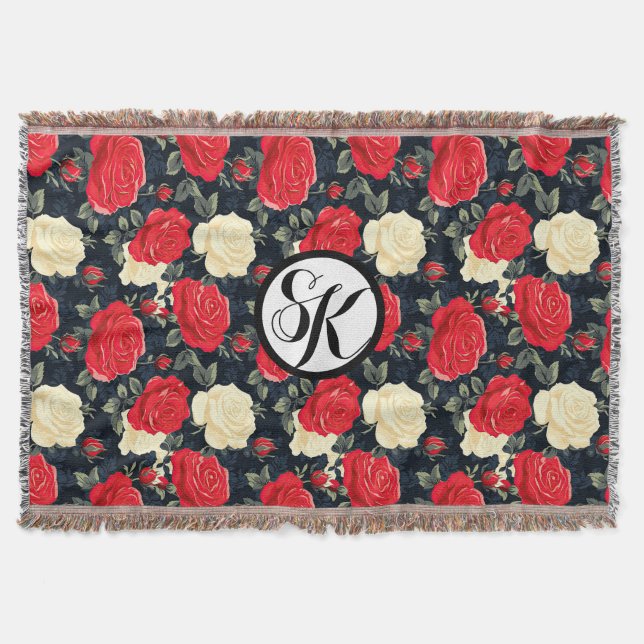 Gemustertes Monogramm aus Red & Creme Rose Decke (Vorderseite)