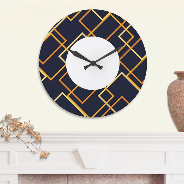 Gemustertes Neuralorange Große Wanduhr (An eye-catching wall clock with modern geometric pattern, in orange and yellow on dark navy blue)