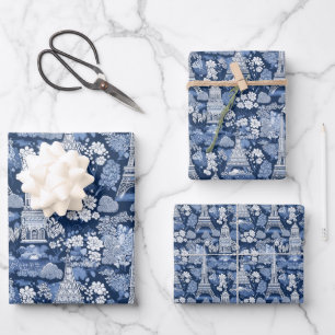 Gemustertes Pariser Blautoilette Geschenkpapier Set