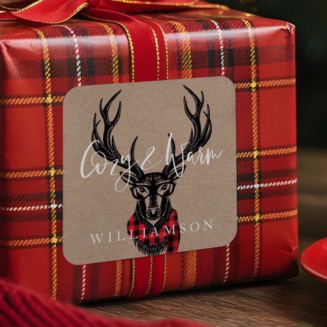 Gemütlich & gemütlich | Red Buffalo Kariert Rentie Quadratischer Aufkleber (Cozy & Warm | Red Buffalo Plaid Reindeer Family Square Sticker)