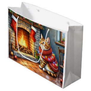 Gemütliche Abessinierkatze am Kamin Weihnachtsbele Große Geschenktüte
