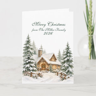 Gemütliche Aquarell-Winterhütte Frohe Weihnachten Karte