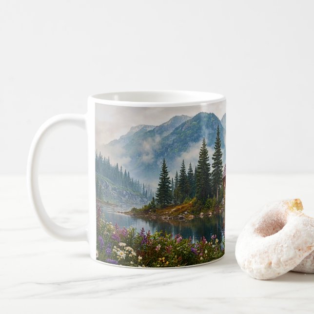 Gemütliche Berghütte See Natur Kunst Kaffeetasse (Mit Donut)