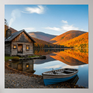 Gemütliche Blockhütte Herbstlicher Seereflexion Poster