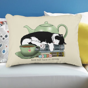 Gemütliche Bücher Katze Smoking Teetasse Süße Grün Dekokissen